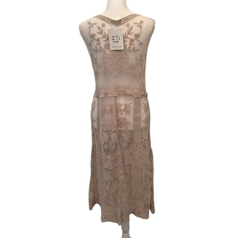 NWT Rebellion szS “oatmeal” color long lace embroidered vest cover up kimono - Picture 3 of 15